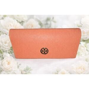 Tory Burch Coral Leather Sunglass Case Gold Logo Orange Saffiano Magnetic